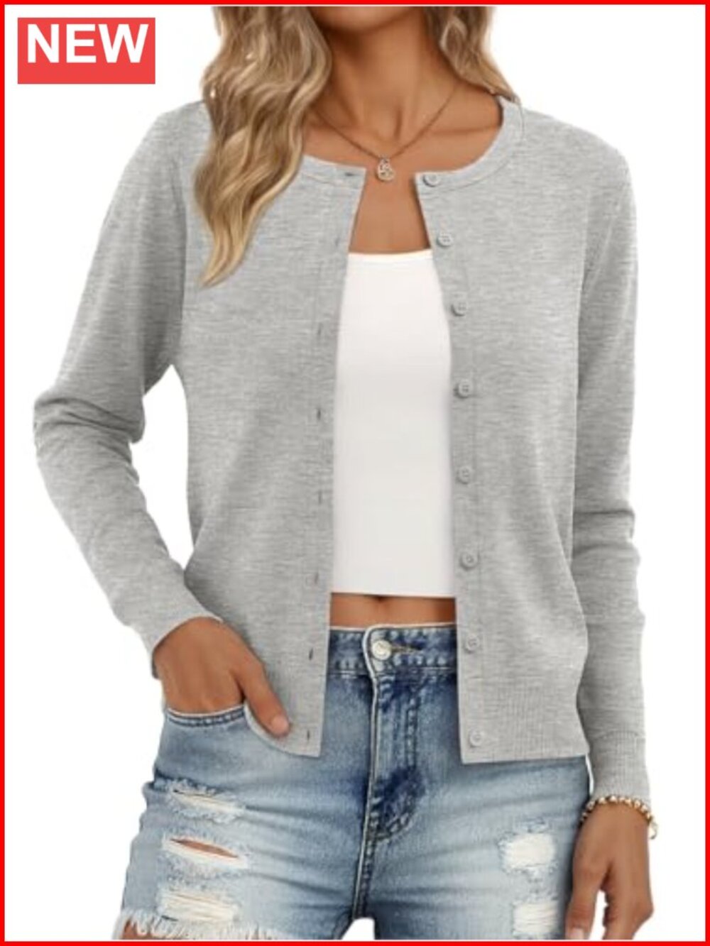 Lightweight Knit Cardigan Long Sleeve Button Crew Neck Women's Sweater